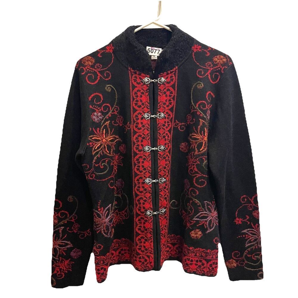 Vtg Northstyle Women M Floral Sweater Red Black Nordic Alpaca NWOT Metal Clasp